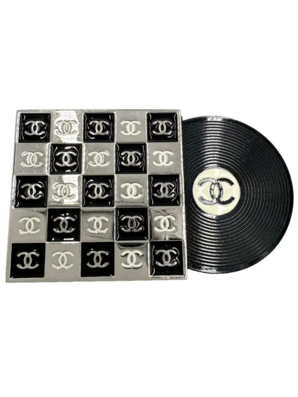Chanel Brooch CC Logo Record Motif 04P Silver Black